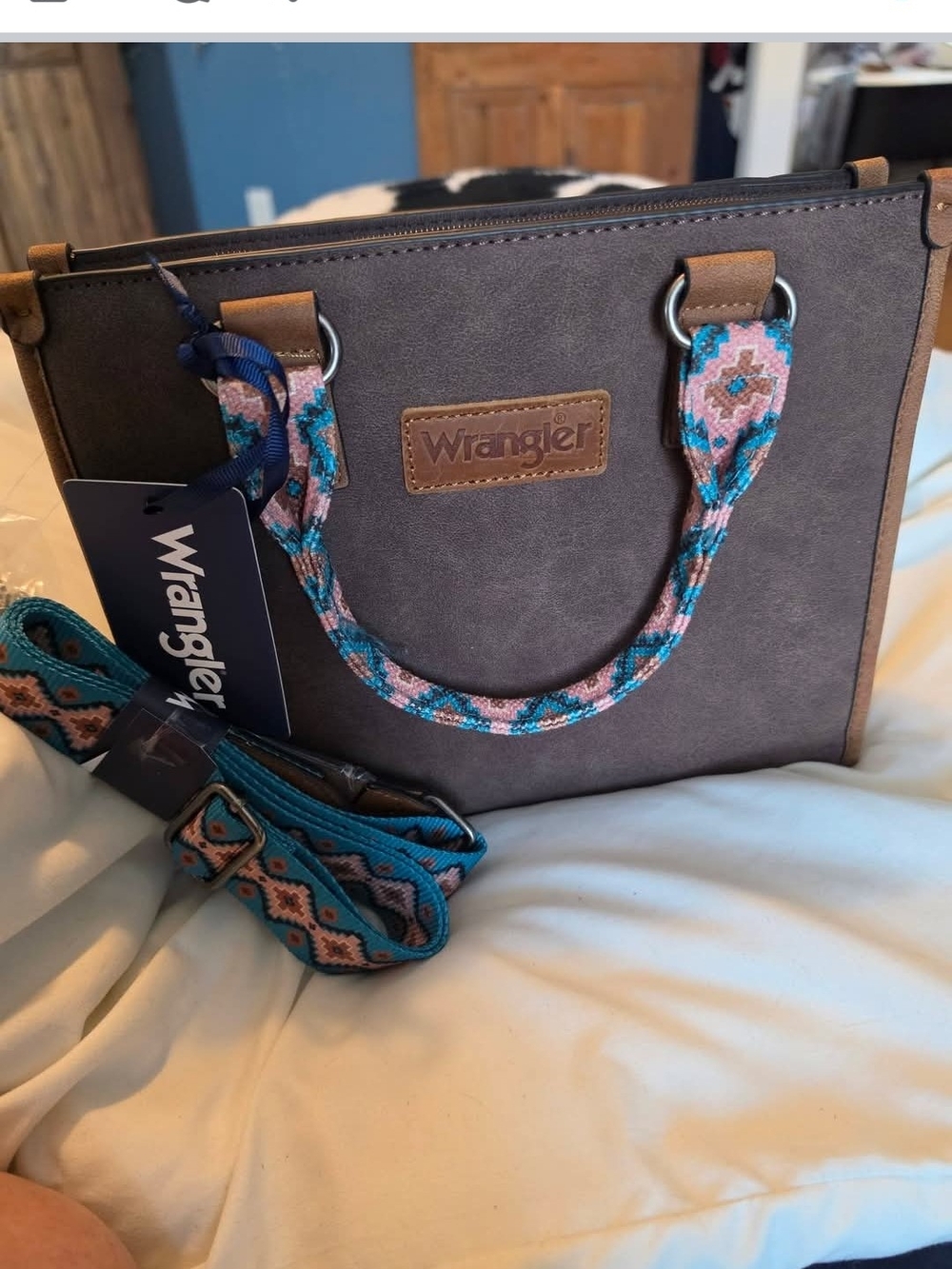 Wrangler Brown Shoulder Bag with Blue & Pink Woven Handles